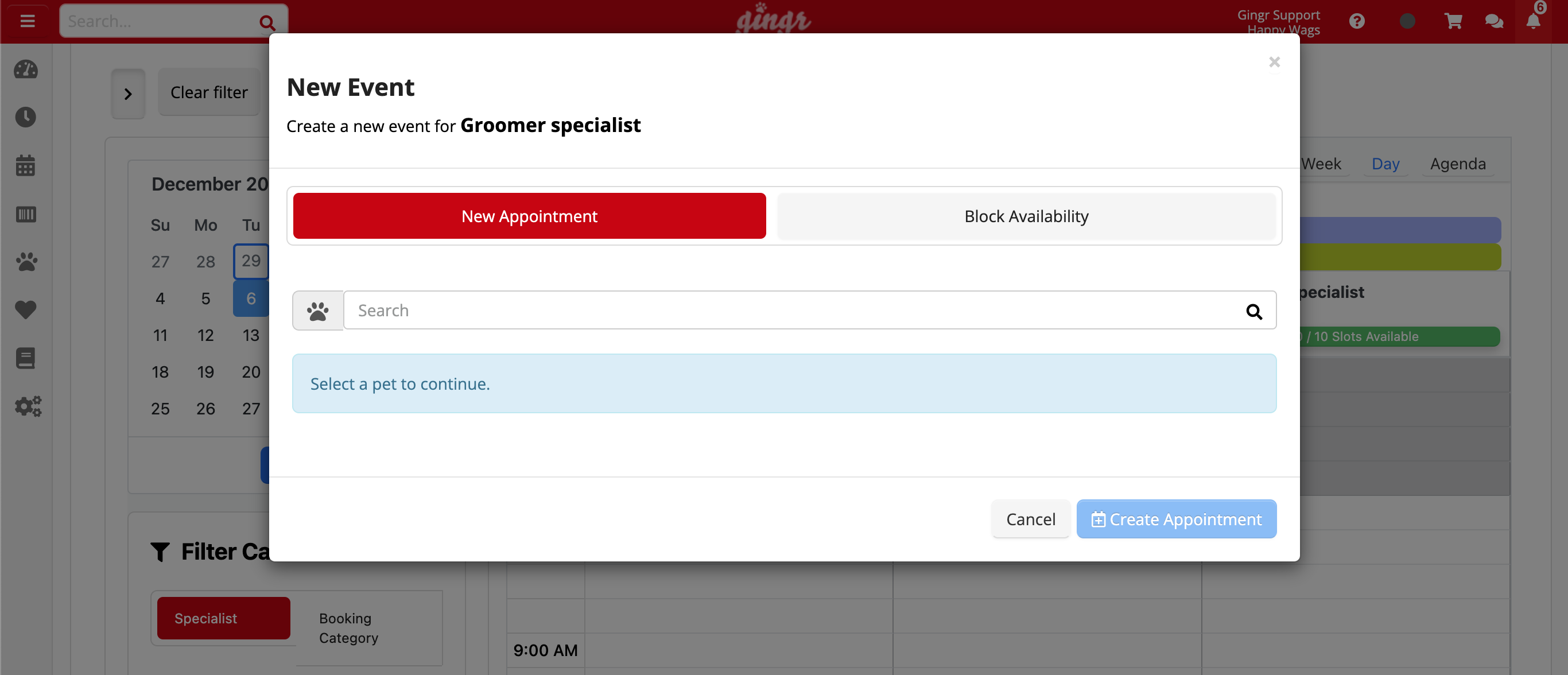 New event creation screen for groomer.