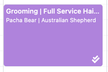 Purple card with text about dog grooming.