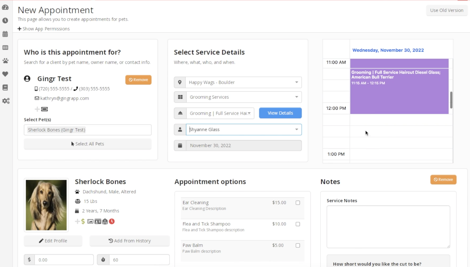 Pet grooming appointment scheduling page.