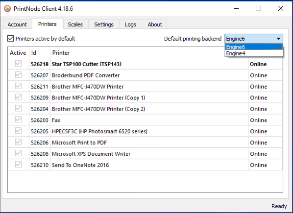 PrintNode client printer settings window.