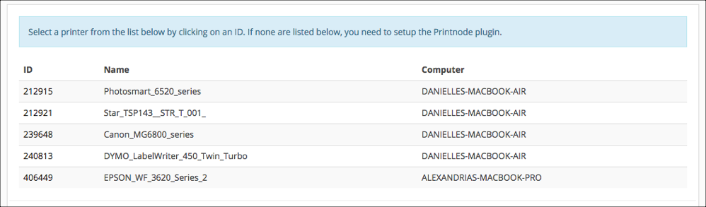 Printer selection list with IDs and names.