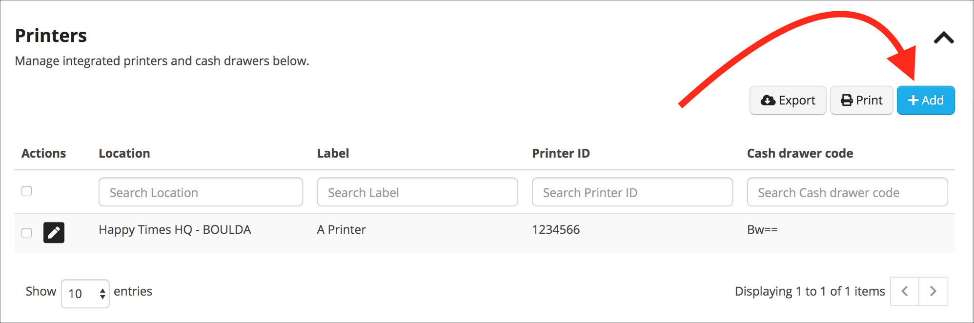 Printer management interface with add button.