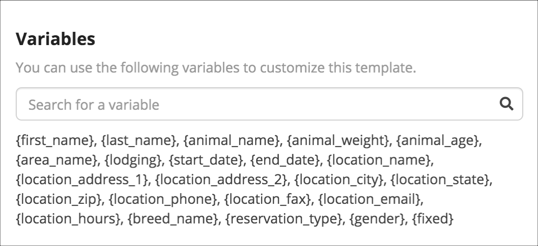 List of customizable template variables.