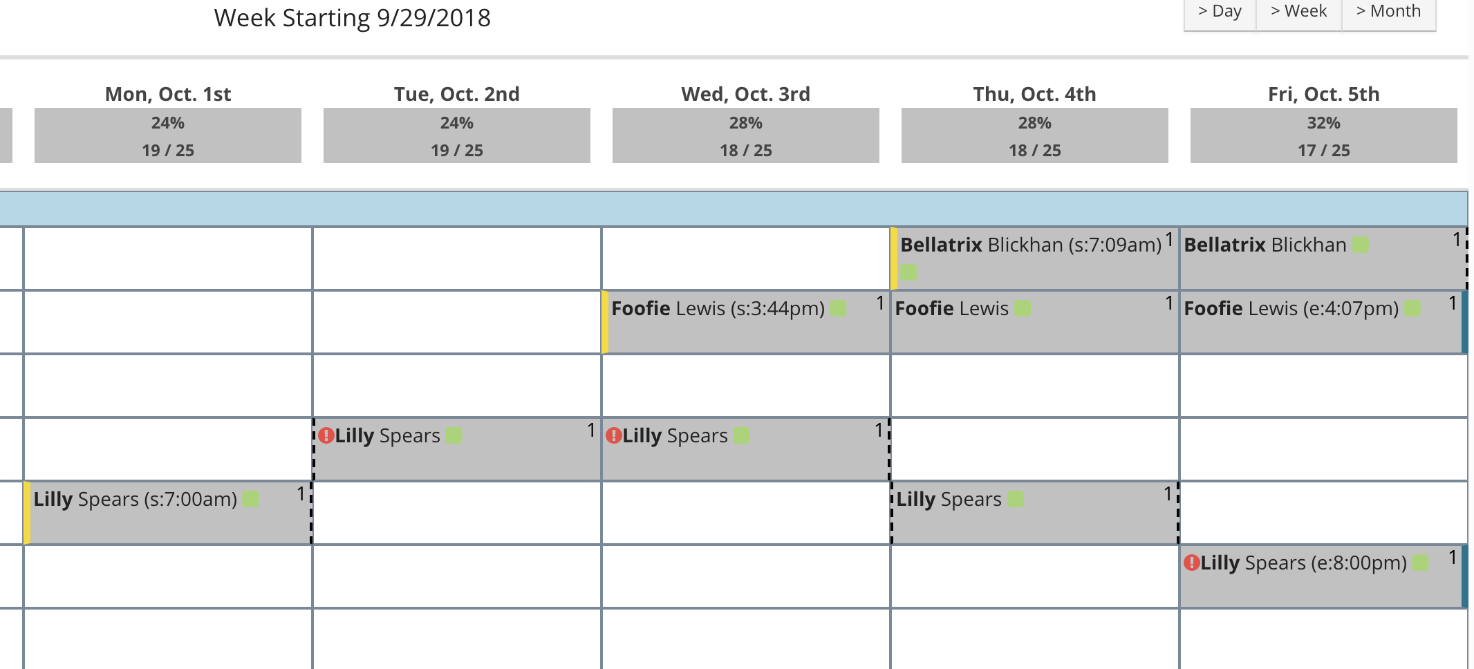 Weekly schedule with names and times.