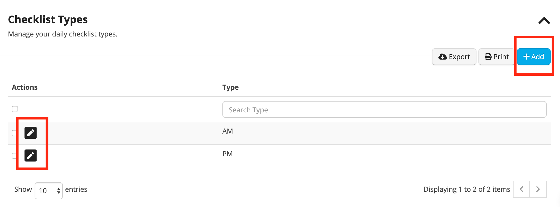 Checklist management interface with add button.