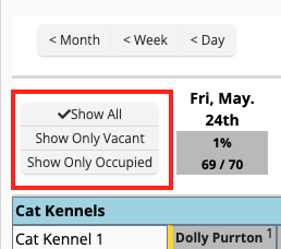 Kennel occupancy filter options and date display.