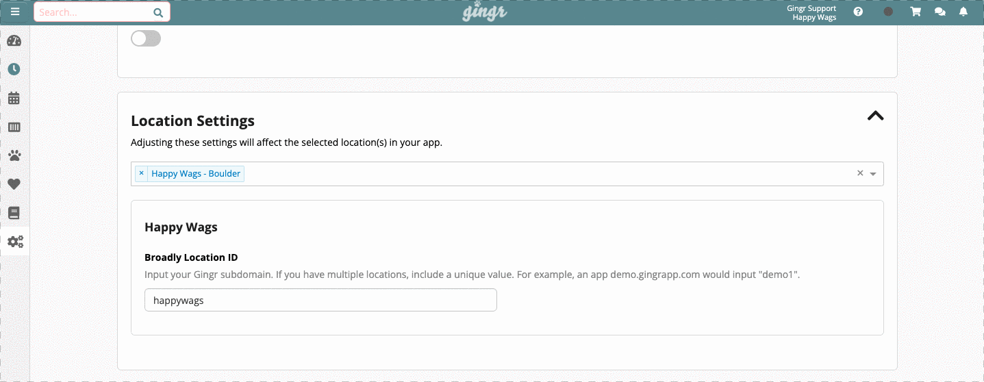 Location settings page with input field.