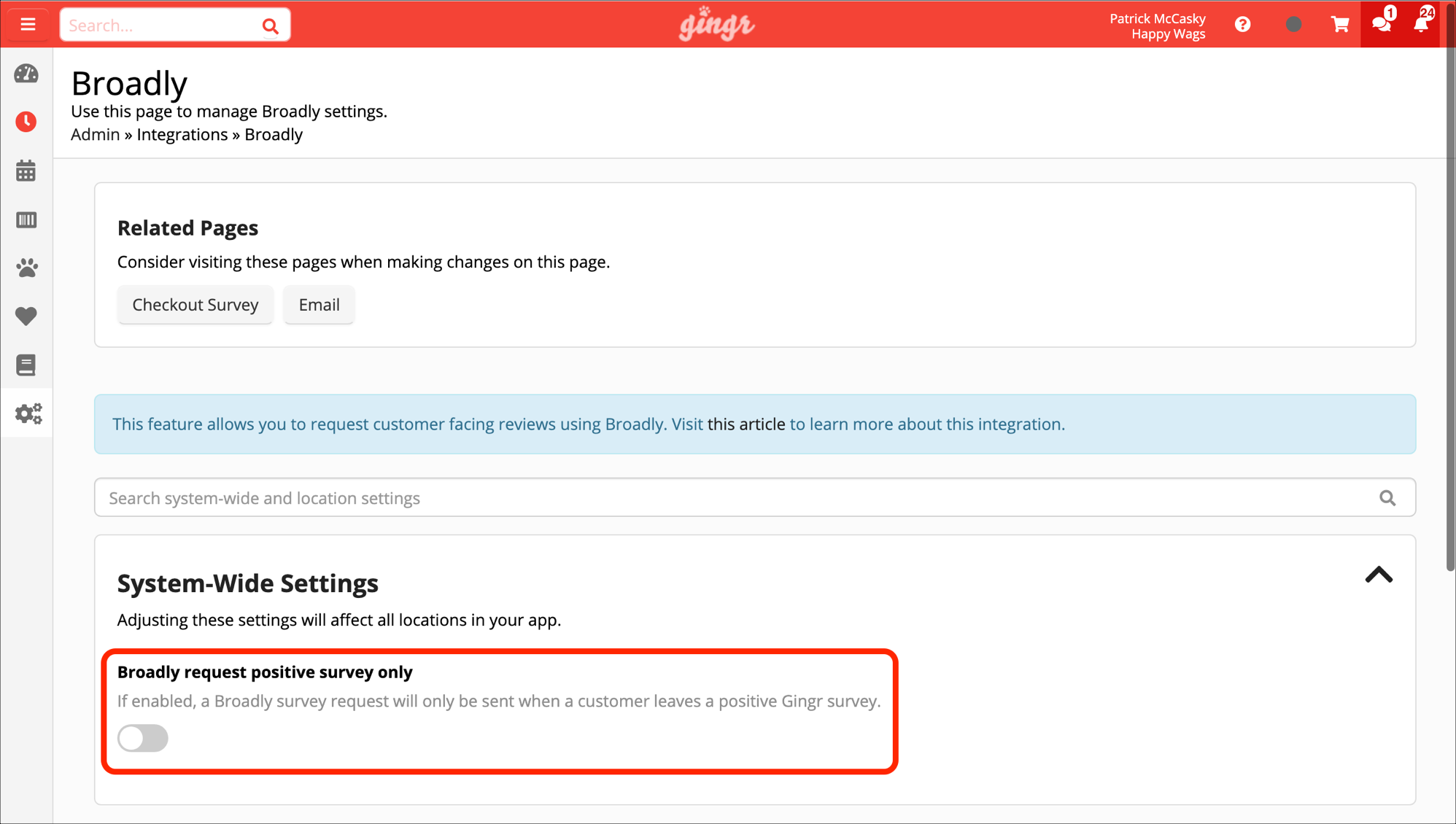 Broadly settings page with toggle option.