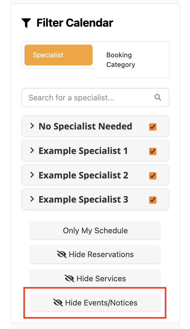 Filter calendar options and specialist list.