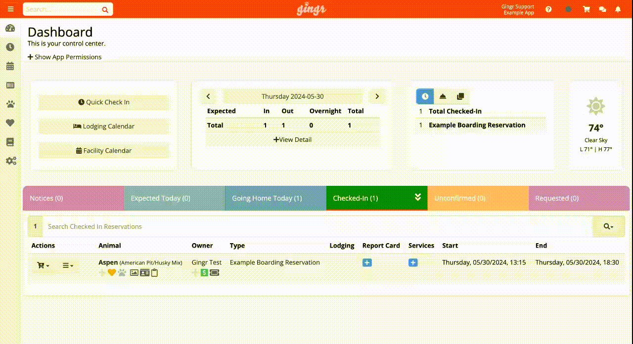 Dashboard with reservation details