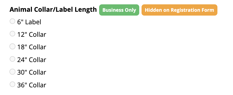 Animal collar/label length options list.