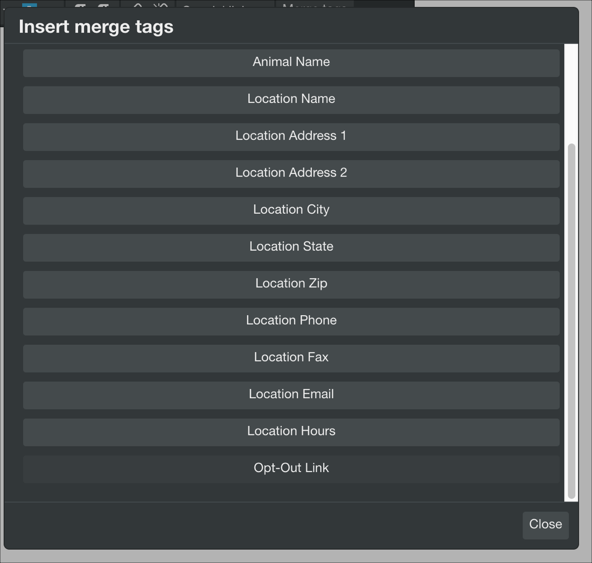 List of merge tags for location details.