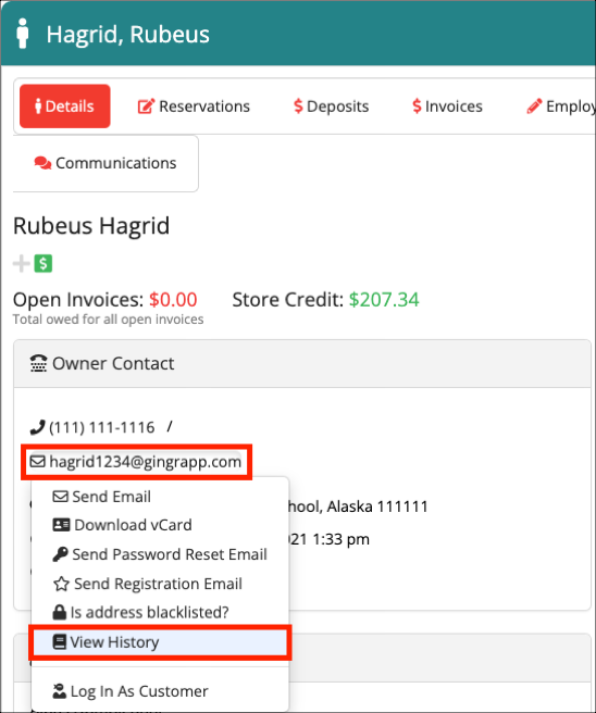 Contact details and options menu.