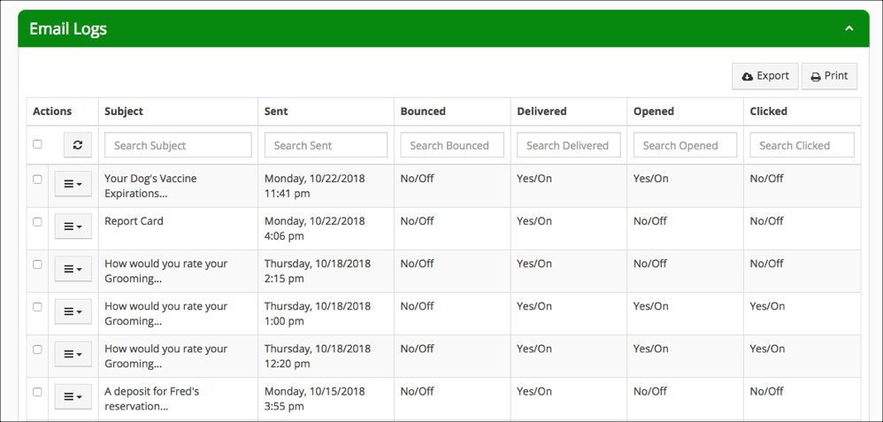 Email logs table with various columns.