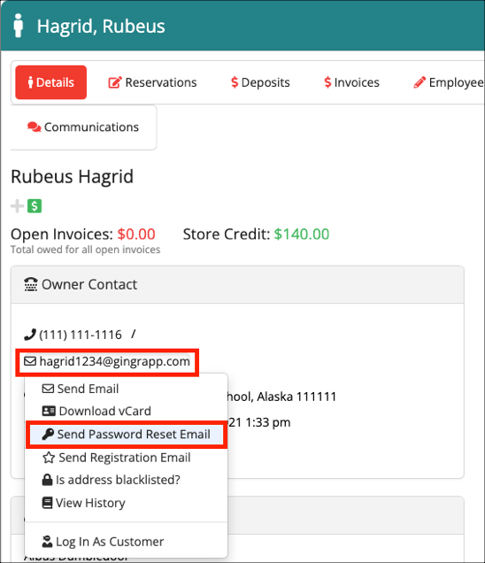 Contact details with email options menu.