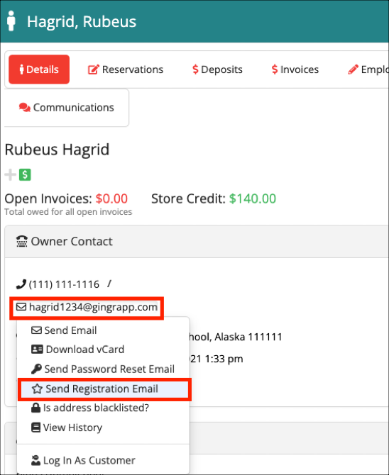 Contact details and email options interface.