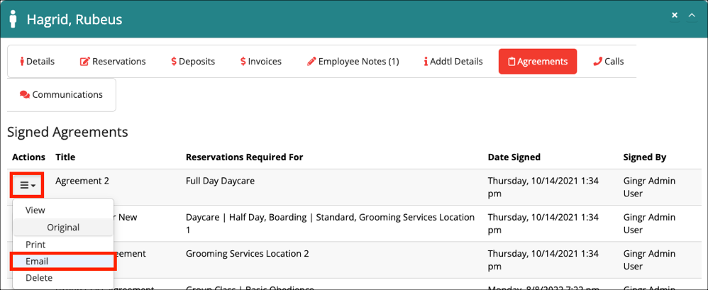 Email option in signed agreements menu.