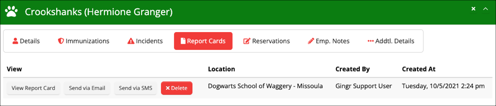 Pet report card interface with options.
