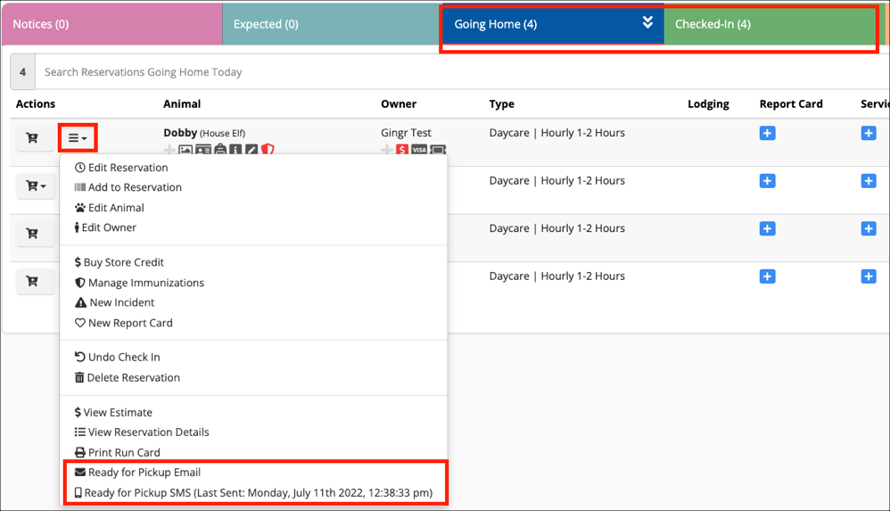 Reservation management dropdown menu.