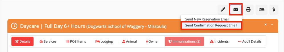Daycare reservation email options dropdown.
