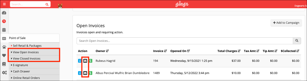 Open invoices list with email icons.