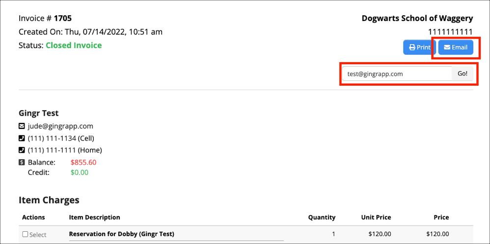 Invoice with contact and item details.
