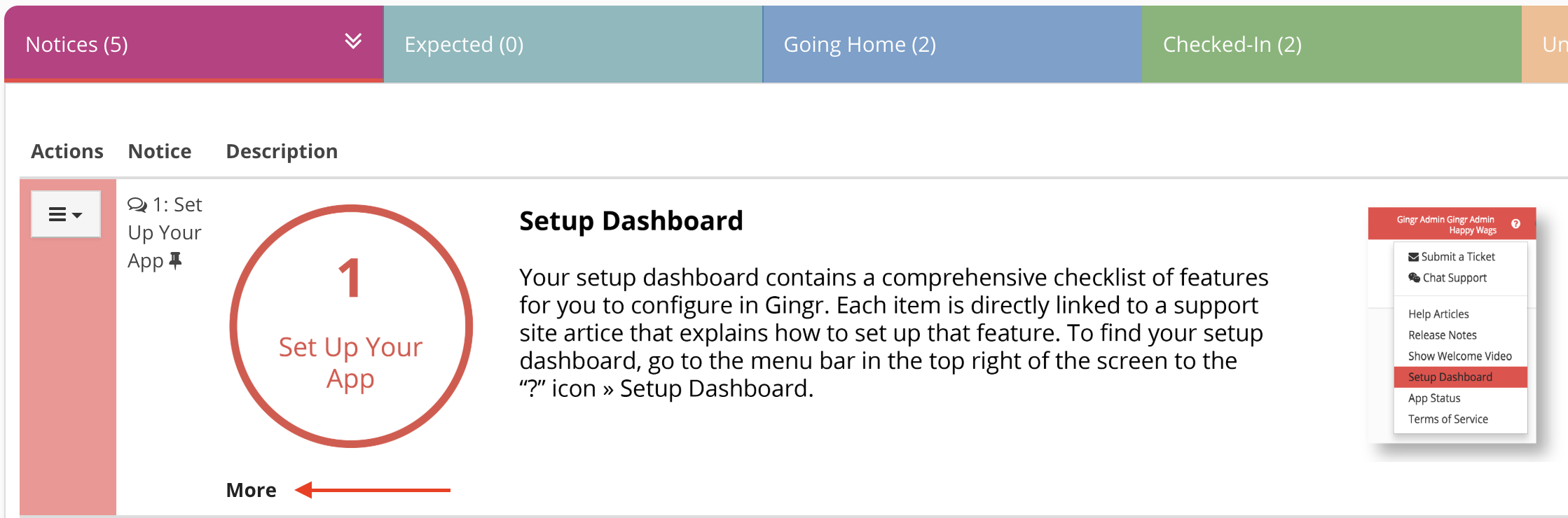 Setup Dashboard instructions screen