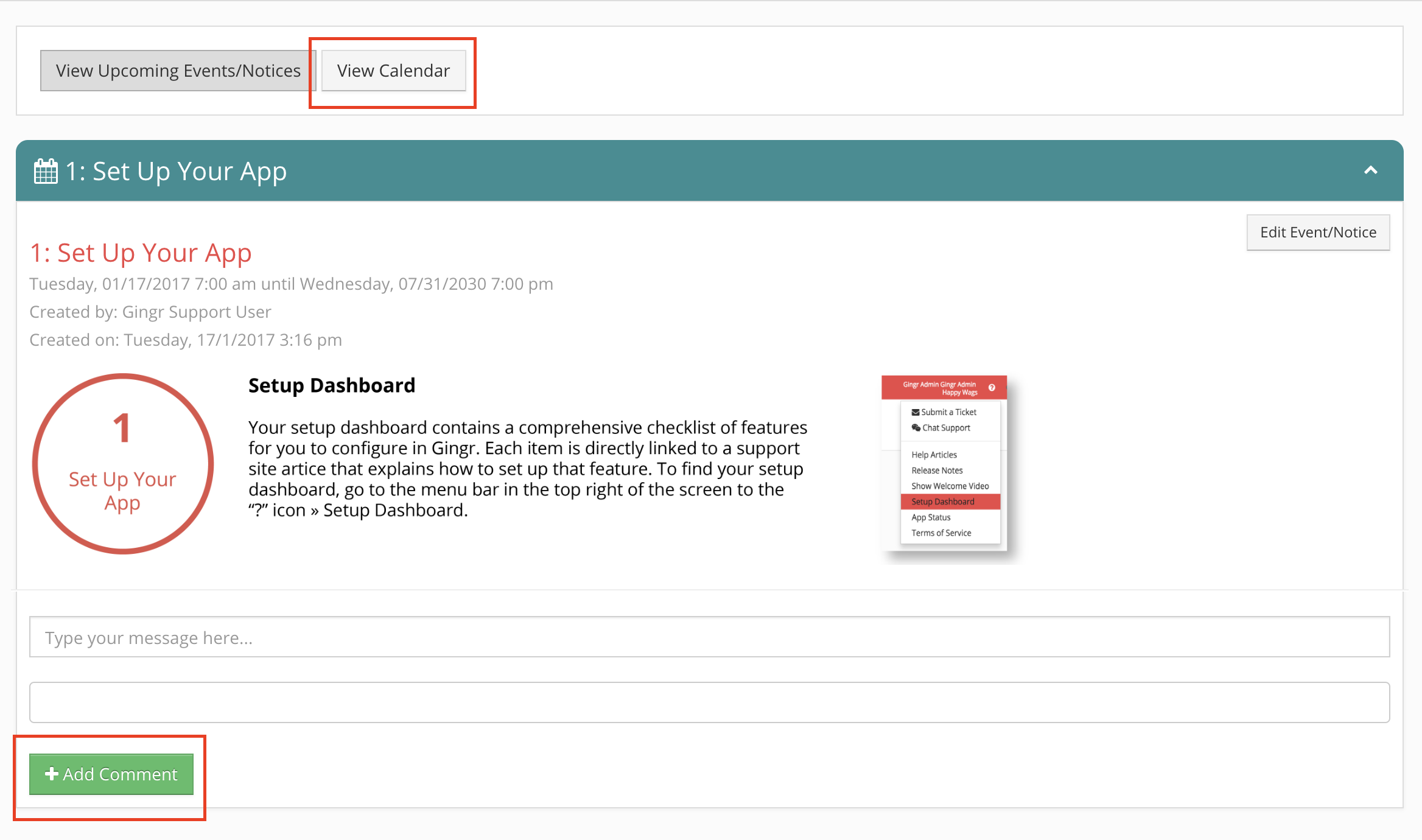 Setup dashboard interface with comment section.