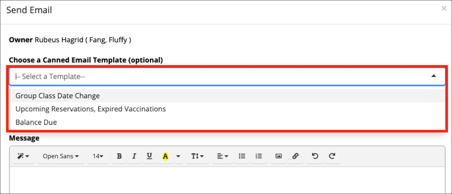 Email template selection dropdown menu.