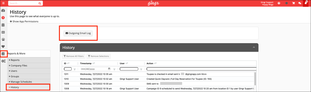 Email log and history interface screenshot.