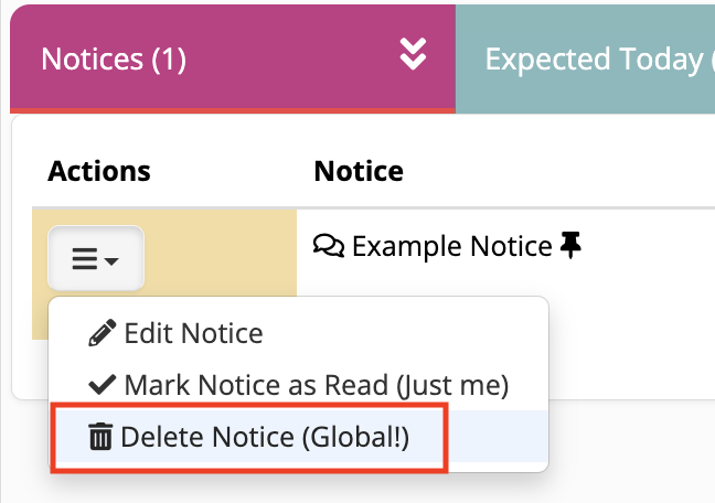 Delete Notice option highlighted in menu.