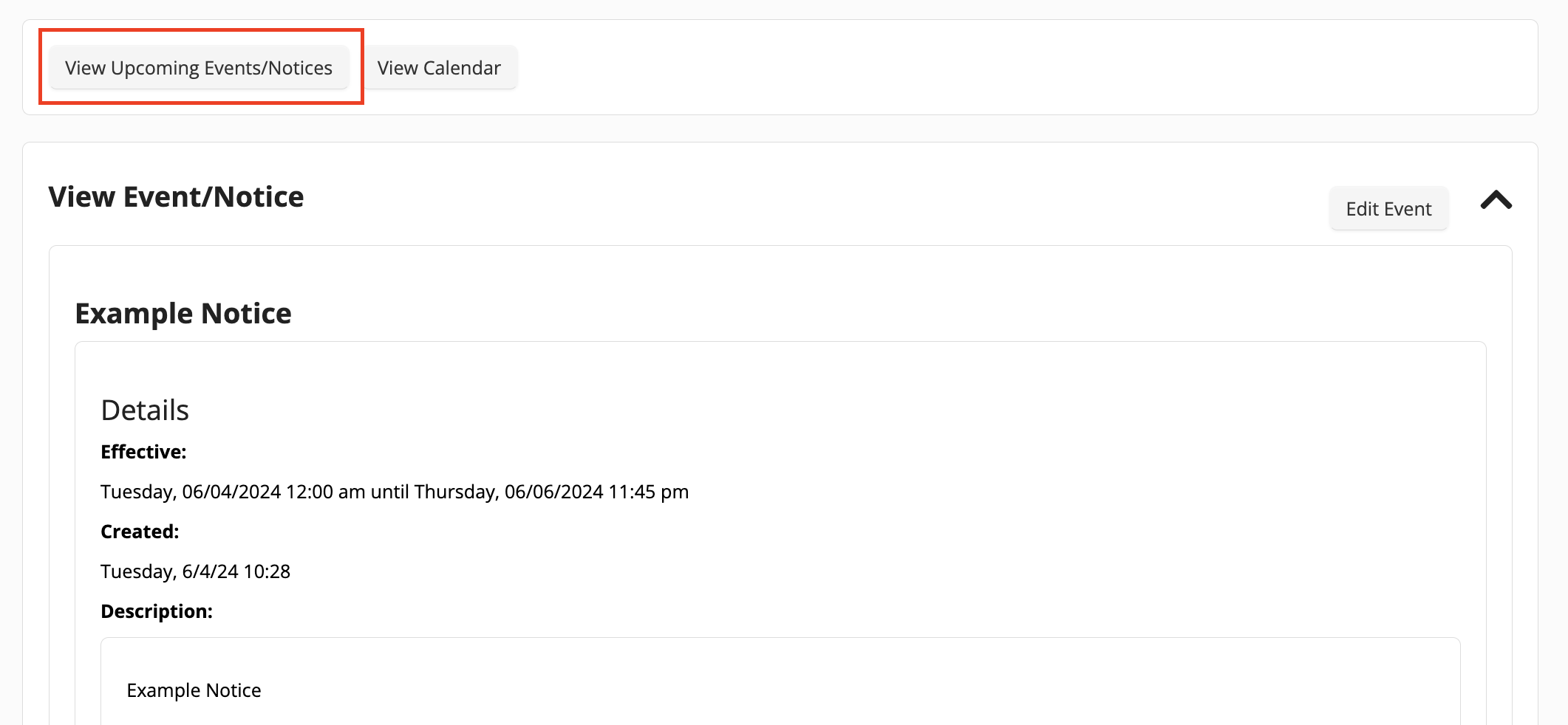 Event notice details with edit option