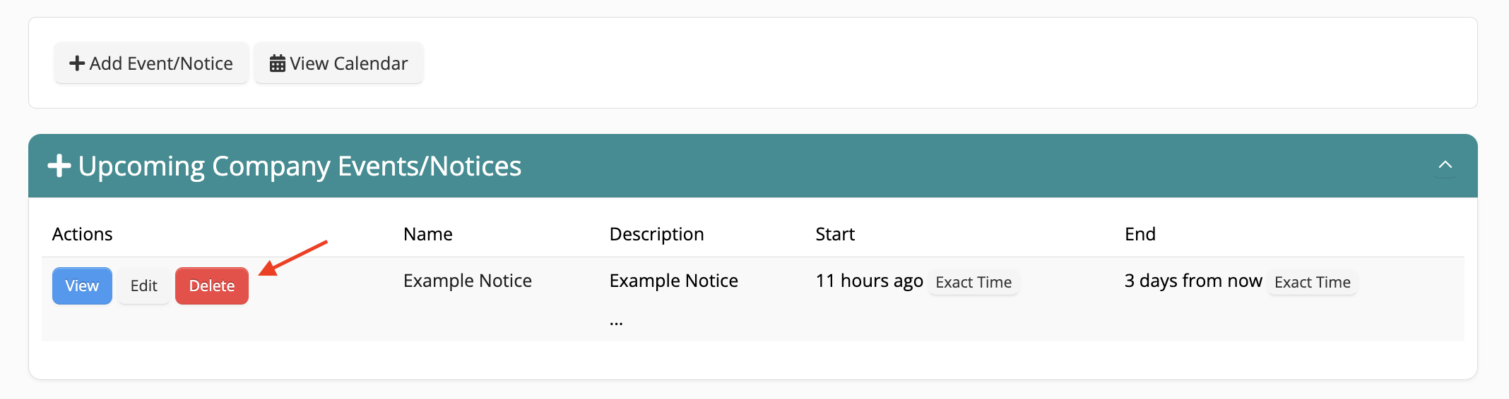 Upcoming company events table with actions.