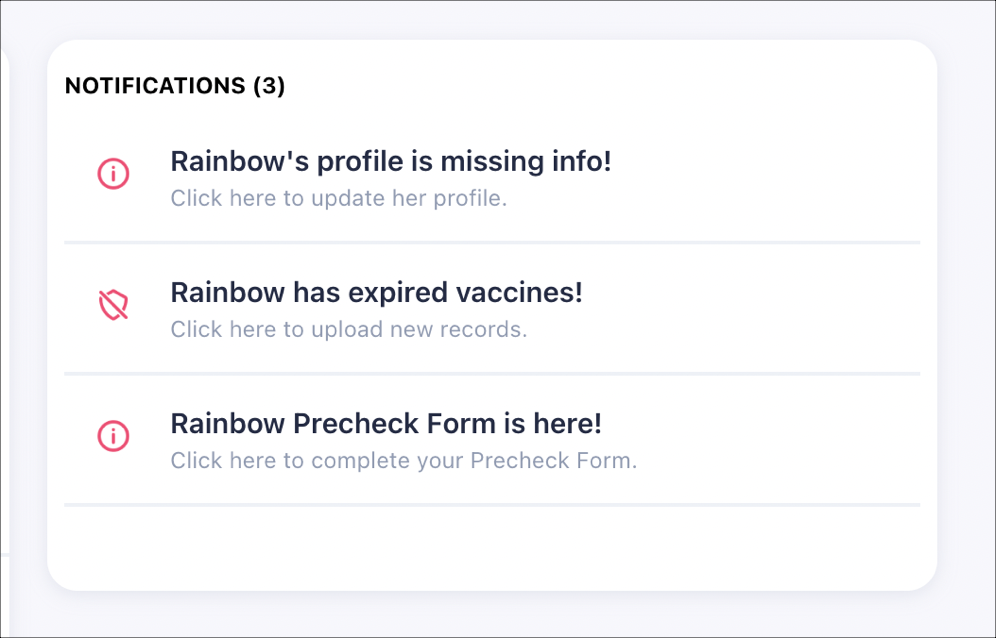 Three notifications about Rainbow's profile.