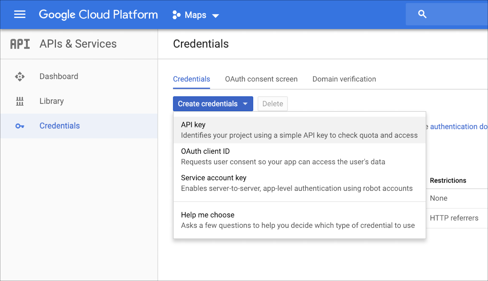 Google Cloud Platform credentials menu