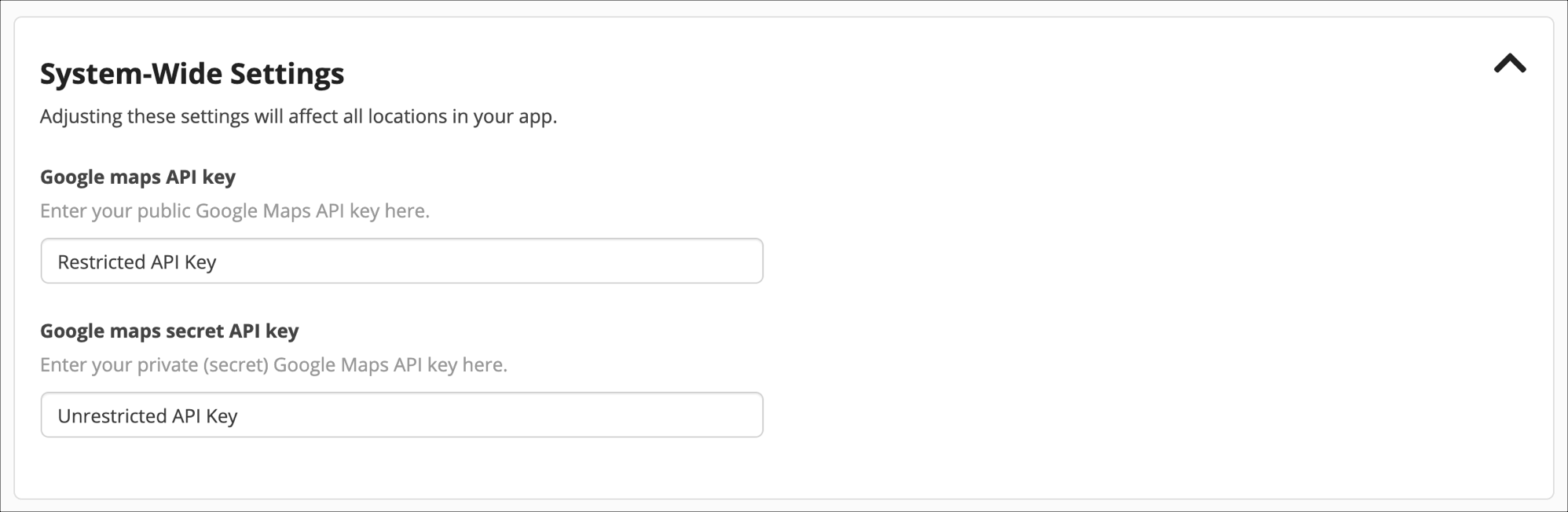 Google Maps API key settings form