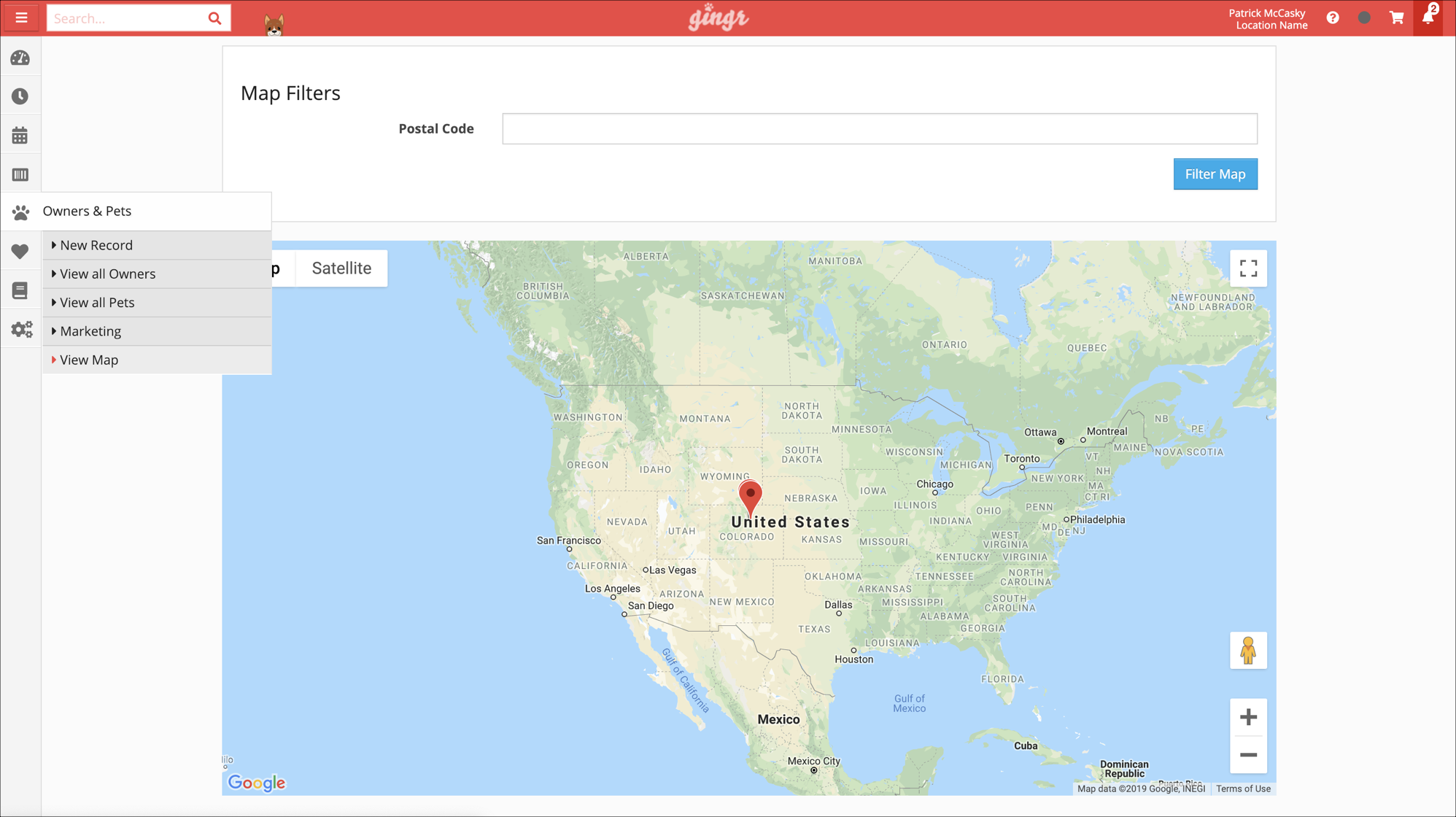Map interface with location pin in the USA.