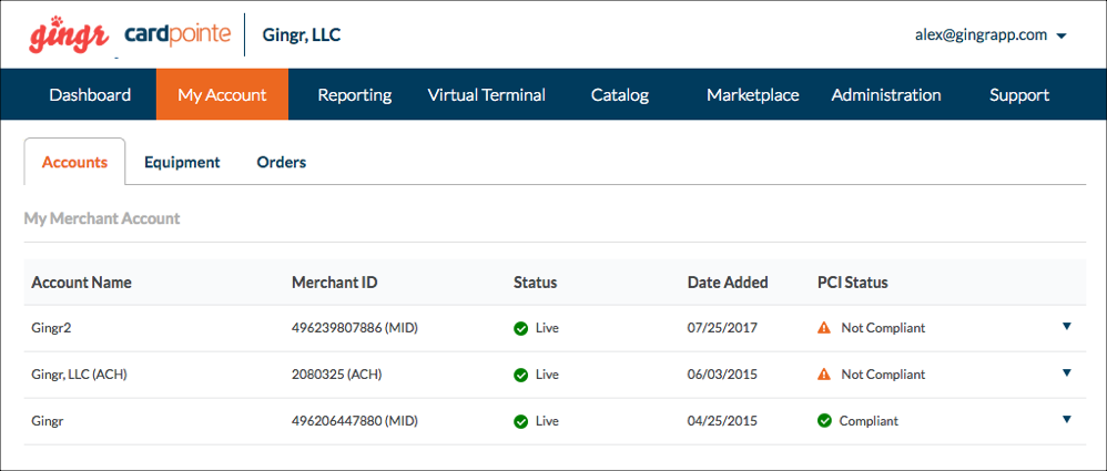 Merchant account dashboard with status details.