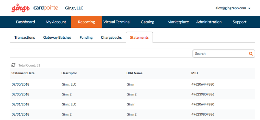 Financial statements list on a dashboard.