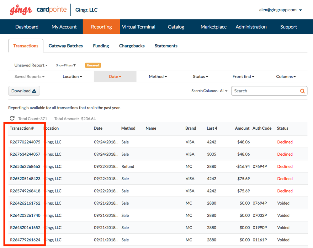 Transaction report with declined entries