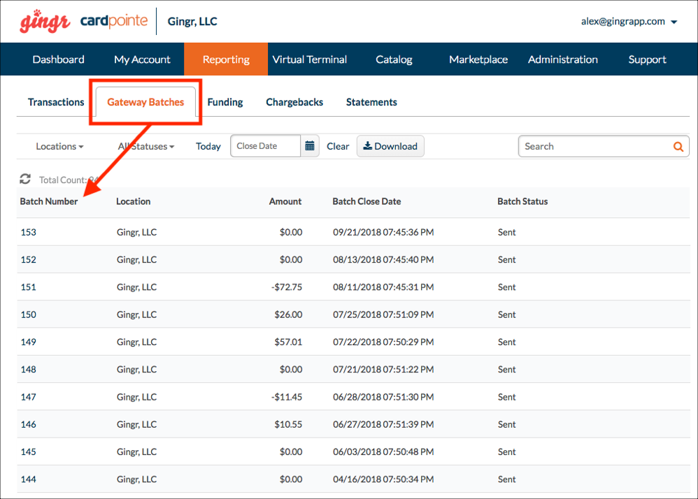 Gateway Batches" report table screenshot.