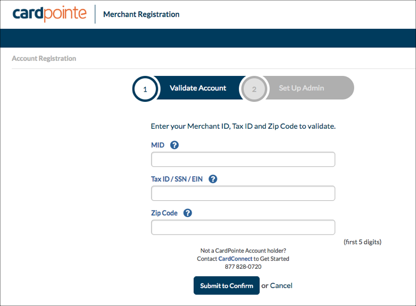 Merchant registration form with input fields.