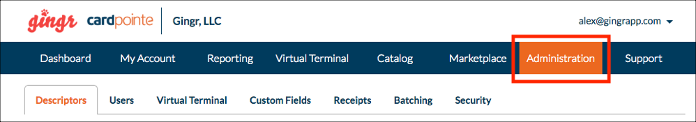 Highlighted Administration tab in menu