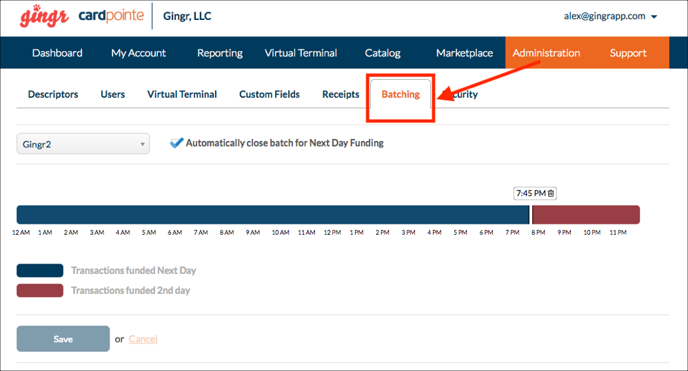 Batching tab in payment software interface