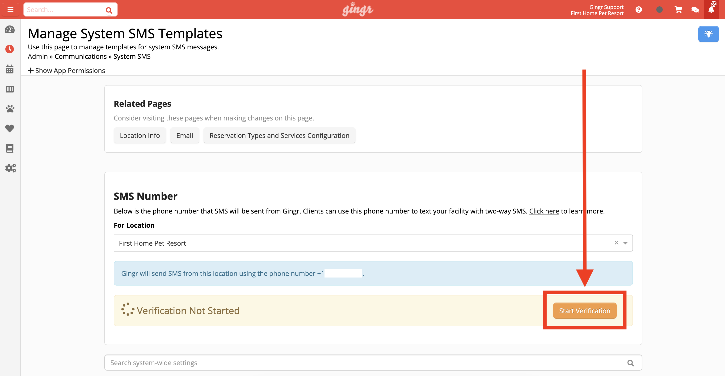 Manage System SMS Templates page