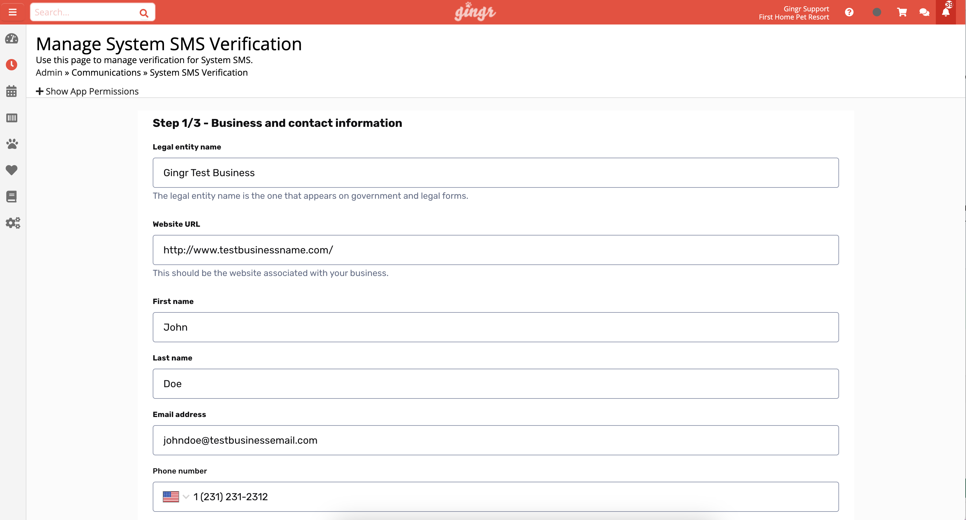 Business contact information form.