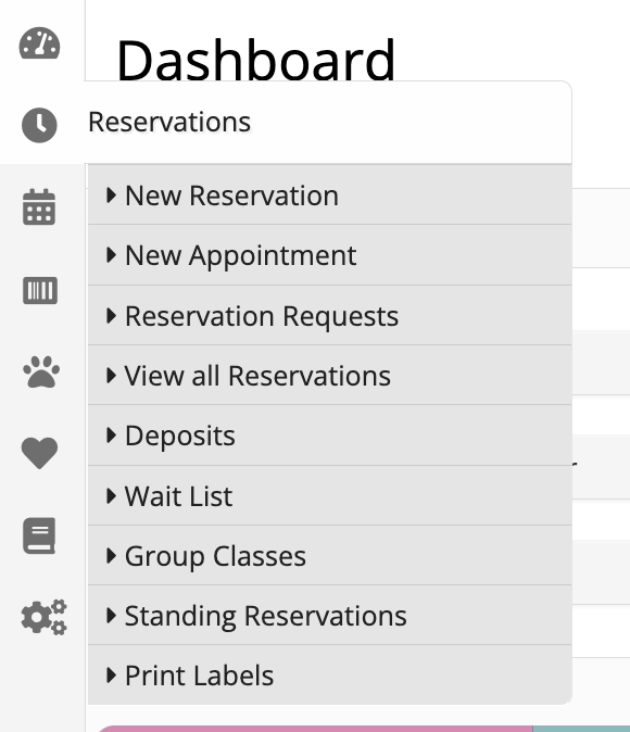 Dashboard menu with reservation options