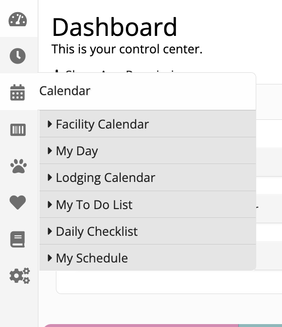 Dashboard with calendar menu options