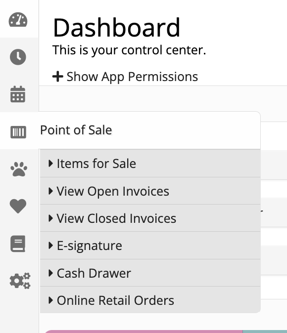 Dashboard with Point of Sale menu options