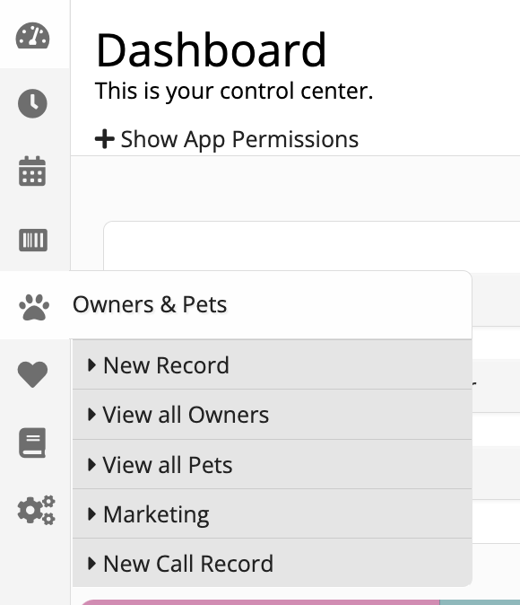 Dashboard menu with Owners & Pets options.